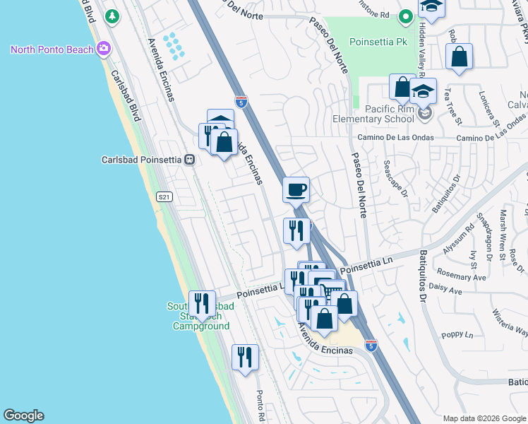 map of restaurants, bars, coffee shops, grocery stores, and more near 6926 Waters End Drive in Carlsbad