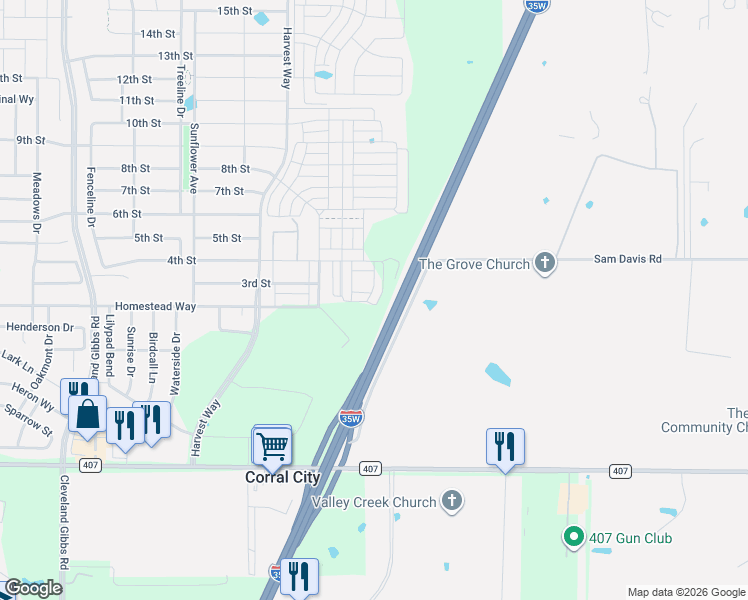 map of restaurants, bars, coffee shops, grocery stores, and more near Interstate 35W in Argyle