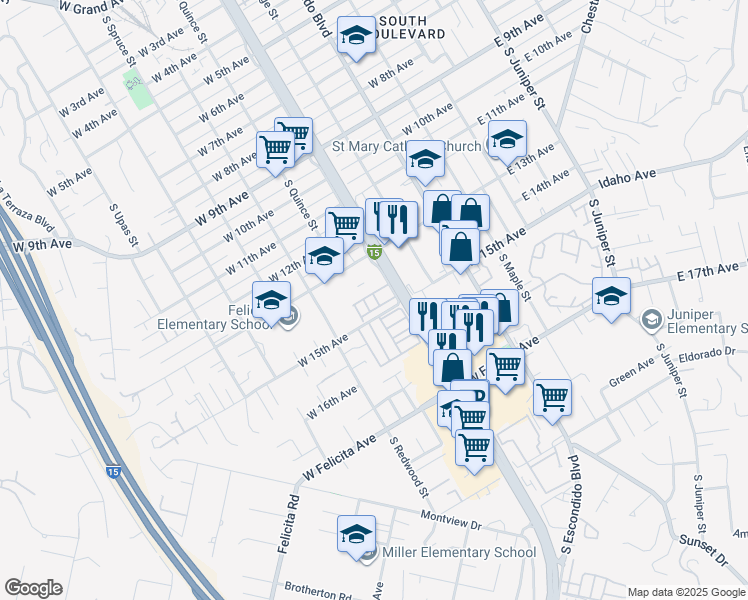 map of restaurants, bars, coffee shops, grocery stores, and more near 26 Bahama Drive in Escondido
