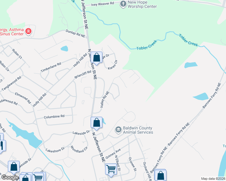 map of restaurants, bars, coffee shops, grocery stores, and more near 1602 Valley Circle Northeast in Milledgeville