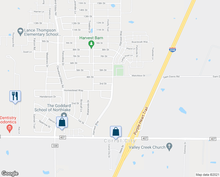 map of restaurants, bars, coffee shops, grocery stores, and more near 1104 Homestead Way in Argyle