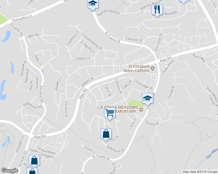 map of restaurants, bars, coffee shops, grocery stores, and more near 6710 Cantil Street in Carlsbad