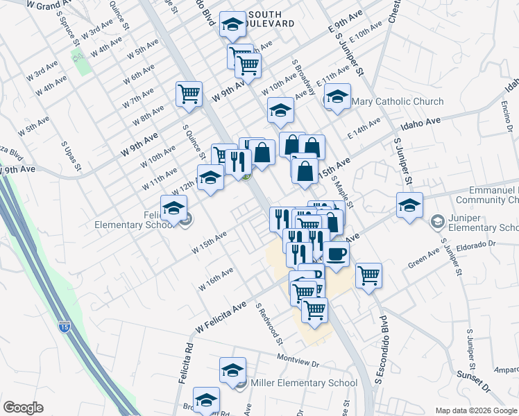 map of restaurants, bars, coffee shops, grocery stores, and more near 1415 South Pine Street in Escondido