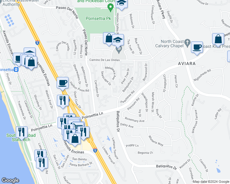 map of restaurants, bars, coffee shops, grocery stores, and more near 6938 Seascape Drive in Carlsbad