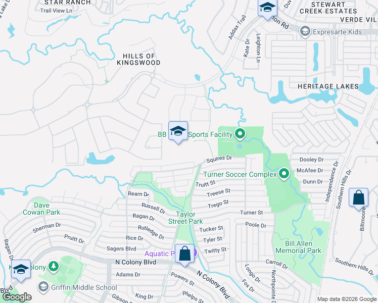 map of restaurants, bars, coffee shops, grocery stores, and more near 5640 Squires Drive in The Colony
