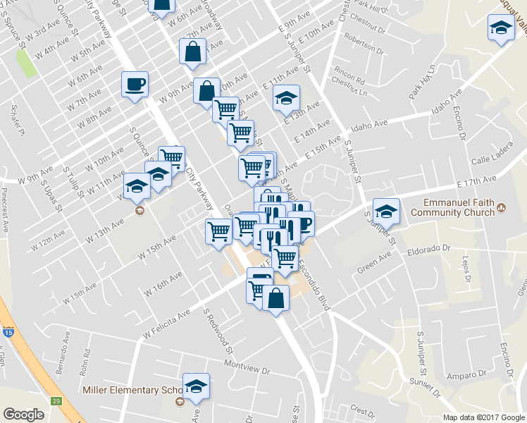 map of restaurants, bars, coffee shops, grocery stores, and more near 1601 South Escondido Boulevard in Escondido