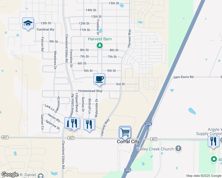 map of restaurants, bars, coffee shops, grocery stores, and more near 1124 Homestead Way in Argyle