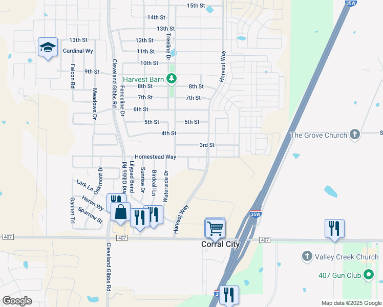 map of restaurants, bars, coffee shops, grocery stores, and more near 1124 Homestead Way in Argyle