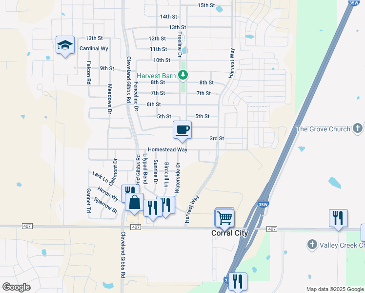 map of restaurants, bars, coffee shops, grocery stores, and more near 1300 Homestead Way in Argyle