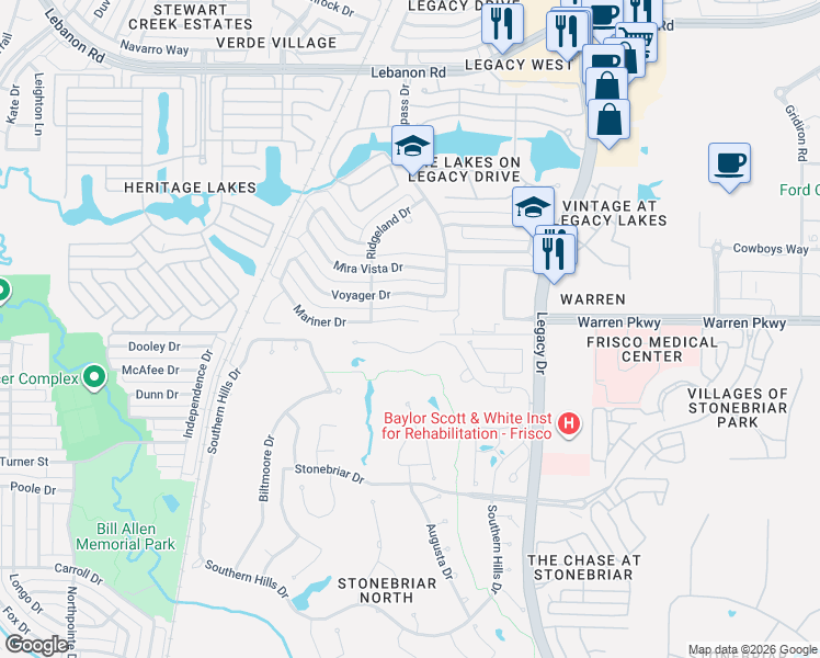 map of restaurants, bars, coffee shops, grocery stores, and more near 4831 Mariner Drive in Frisco