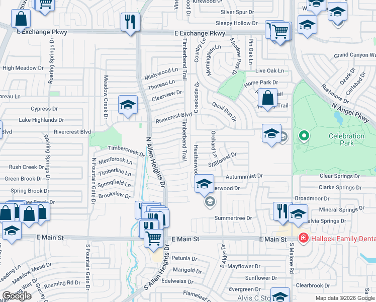 map of restaurants, bars, coffee shops, grocery stores, and more near 416 Timberbend Trail in Allen