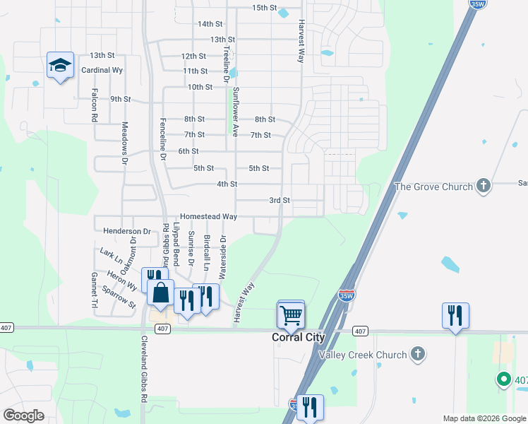 map of restaurants, bars, coffee shops, grocery stores, and more near 1120 Homestead Way in Argyle