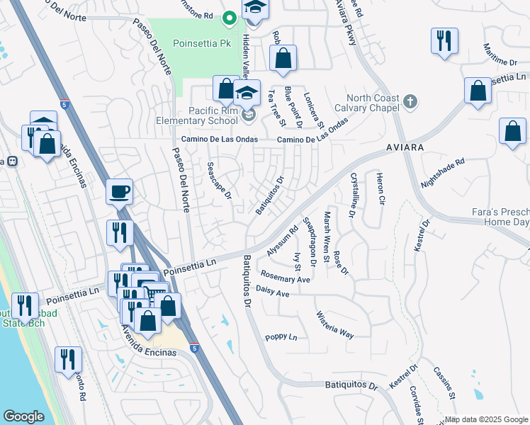 map of restaurants, bars, coffee shops, grocery stores, and more near 6942 Batiquitos Drive in Carlsbad
