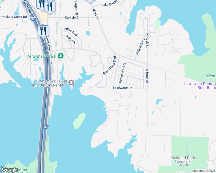 map of restaurants, bars, coffee shops, grocery stores, and more near 19 Live Oak Lane in Lake Dallas