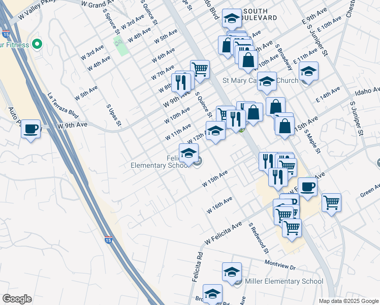 map of restaurants, bars, coffee shops, grocery stores, and more near 710 West 13th Avenue in Escondido