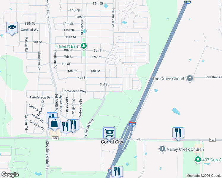 map of restaurants, bars, coffee shops, grocery stores, and more near 1104 Homestead Way in Argyle