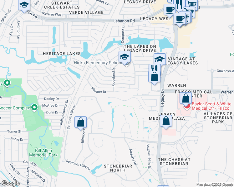 map of restaurants, bars, coffee shops, grocery stores, and more near 4689 Mariner Drive in Frisco