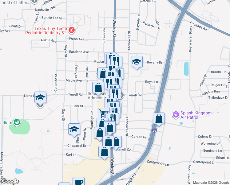 map of restaurants, bars, coffee shops, grocery stores, and more near 6307 Wesley Street in Greenville