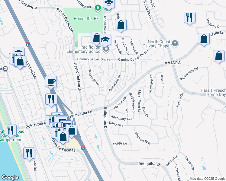 map of restaurants, bars, coffee shops, grocery stores, and more near 6942 Batiquitos Drive in Carlsbad