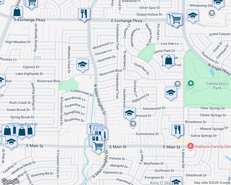 map of restaurants, bars, coffee shops, grocery stores, and more near 416 Timberbend Trail in Allen