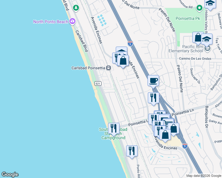 map of restaurants, bars, coffee shops, grocery stores, and more near 6877 Catamaran Drive in Carlsbad