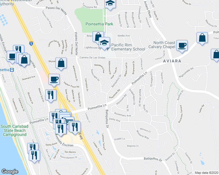 map of restaurants, bars, coffee shops, grocery stores, and more near 6957 Batiquitos Drive in Carlsbad