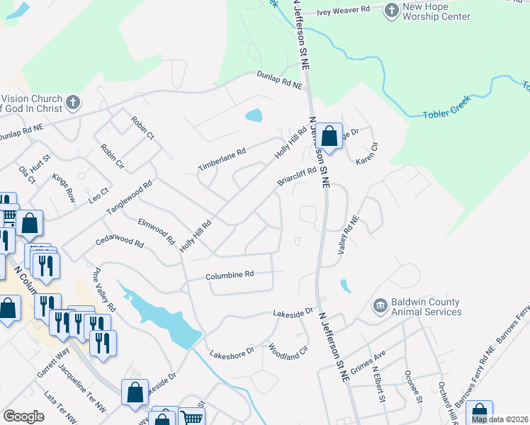 map of restaurants, bars, coffee shops, grocery stores, and more near 1921 Briarcliff Road in Milledgeville