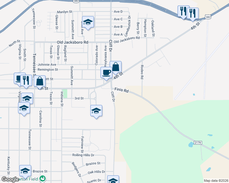 map of restaurants, bars, coffee shops, grocery stores, and more near 501 Cliff Drive in Graham