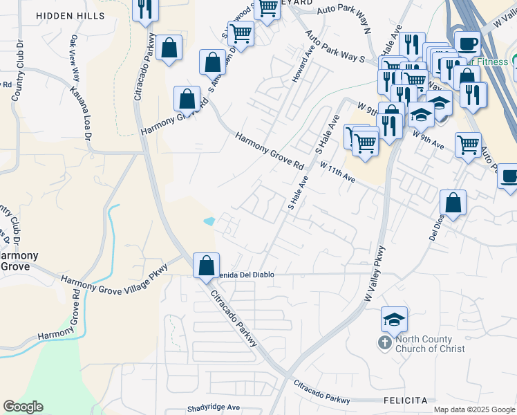 map of restaurants, bars, coffee shops, grocery stores, and more near 1301 South Hale Avenue in Escondido