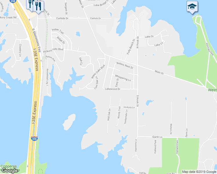 map of restaurants, bars, coffee shops, grocery stores, and more near 53 Lakewood Drive in Lake Dallas