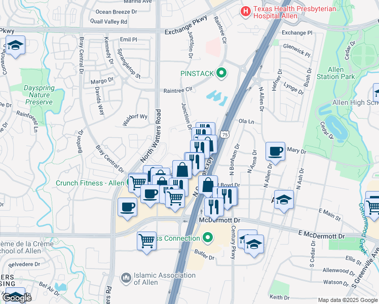 map of restaurants, bars, coffee shops, grocery stores, and more near 317 Junction Drive in Allen