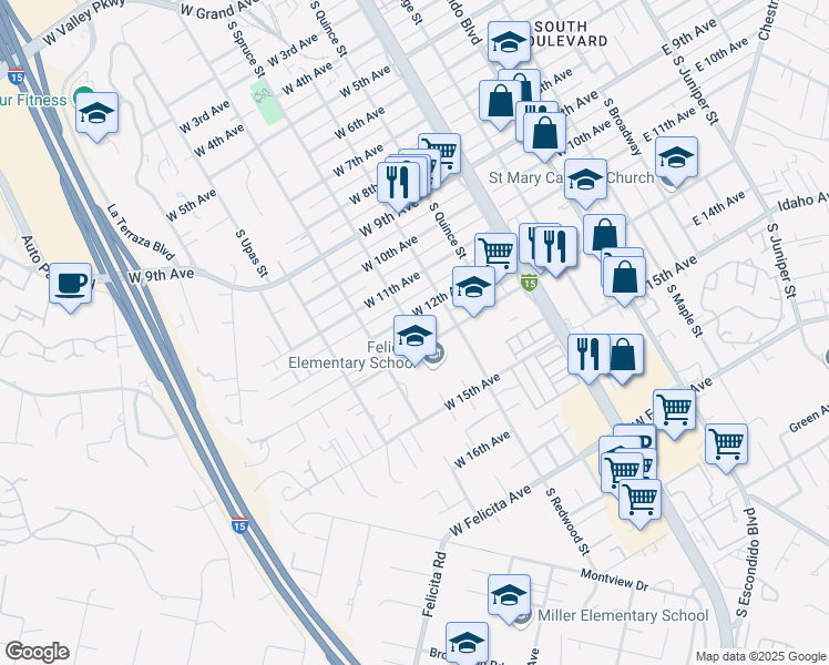 map of restaurants, bars, coffee shops, grocery stores, and more near 710 West 13th Avenue in Escondido