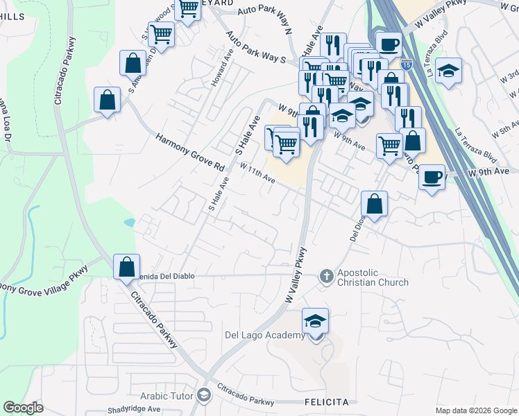 map of restaurants, bars, coffee shops, grocery stores, and more near 1874 Guilder Glen in Escondido