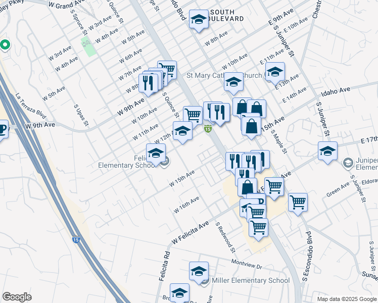 map of restaurants, bars, coffee shops, grocery stores, and more near 609 West 13th Avenue in Escondido
