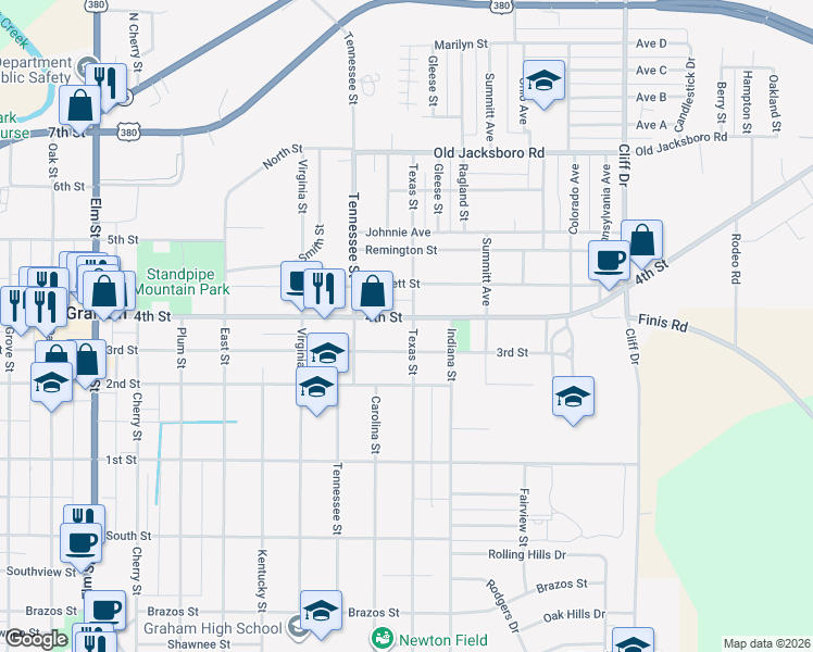 map of restaurants, bars, coffee shops, grocery stores, and more near 507 Texas Street in Graham