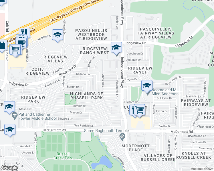 map of restaurants, bars, coffee shops, grocery stores, and more near 3109 Austin Drive in Plano