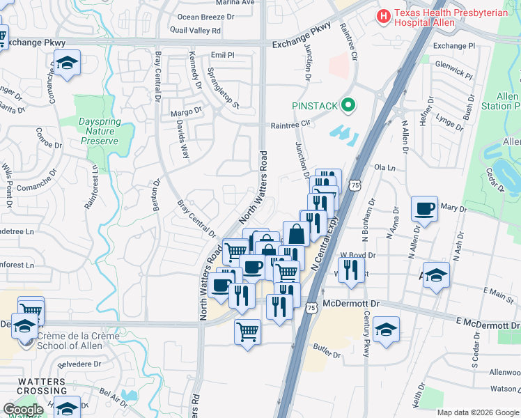 map of restaurants, bars, coffee shops, grocery stores, and more near 680 North Watters Road in Allen