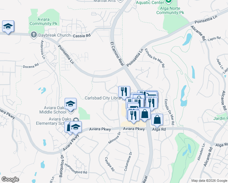 map of restaurants, bars, coffee shops, grocery stores, and more near 6878 Mimosa Drive in Carlsbad
