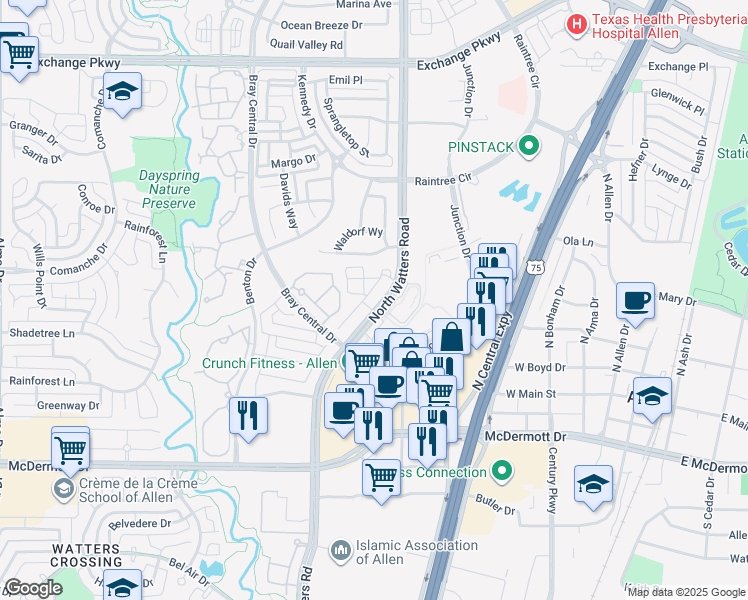 map of restaurants, bars, coffee shops, grocery stores, and more near 651 North Watters Road in Allen