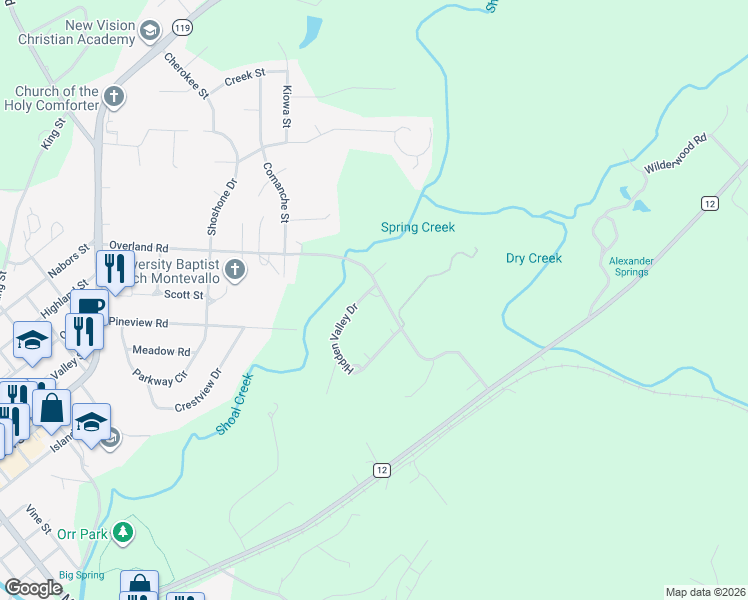 map of restaurants, bars, coffee shops, grocery stores, and more near 840 Overland Road in Montevallo