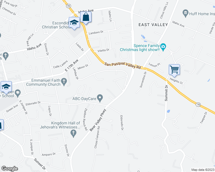 map of restaurants, bars, coffee shops, grocery stores, and more near 1912 Bear Valley Oaks Road in Escondido