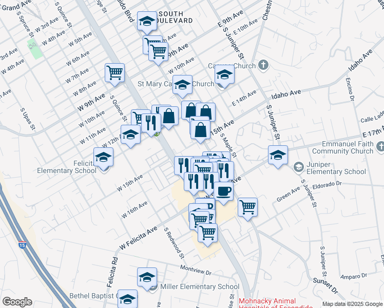map of restaurants, bars, coffee shops, grocery stores, and more near 18 Orange Place in Escondido