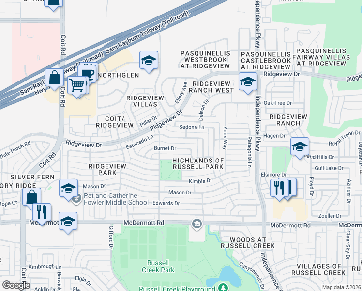 map of restaurants, bars, coffee shops, grocery stores, and more near 3401 Burnet Drive in Plano