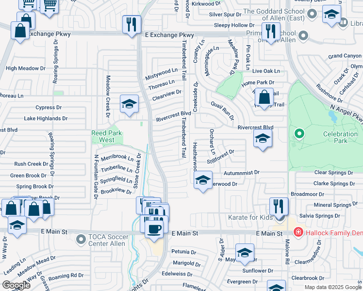 map of restaurants, bars, coffee shops, grocery stores, and more near 419 Timberbend Trail in Allen
