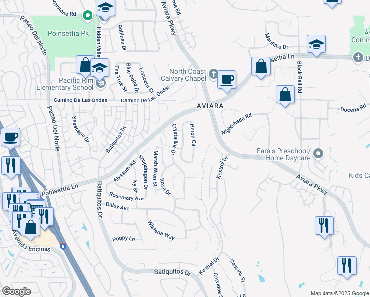 map of restaurants, bars, coffee shops, grocery stores, and more near 7030 Heron Circle in Carlsbad