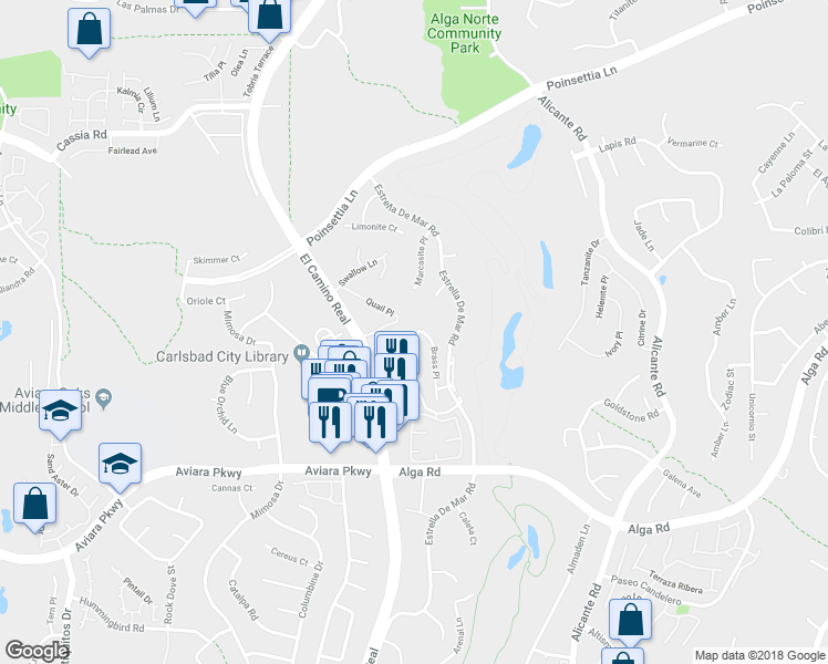 map of restaurants, bars, coffee shops, grocery stores, and more near 6901 Tourmaline Place in Carlsbad