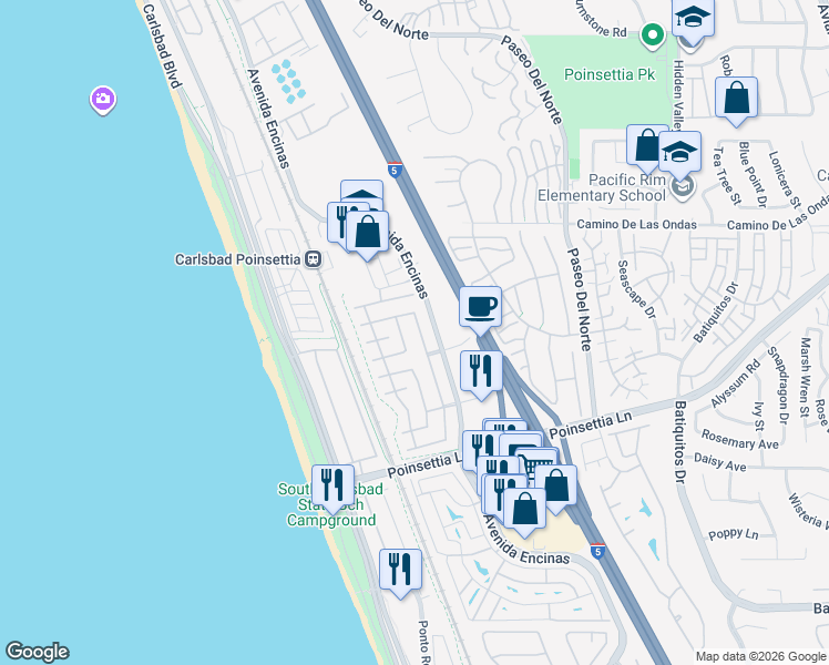 map of restaurants, bars, coffee shops, grocery stores, and more near 6913 Waters End Drive in Carlsbad