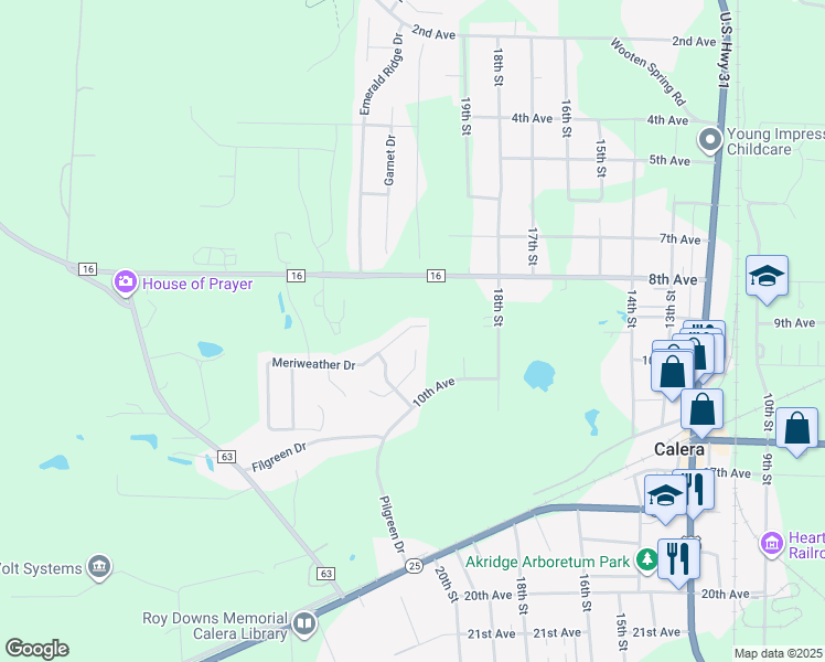 map of restaurants, bars, coffee shops, grocery stores, and more near 616 Meriweather Drive in Calera