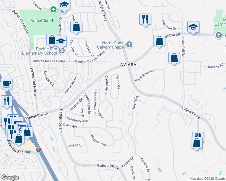 map of restaurants, bars, coffee shops, grocery stores, and more near 7030 Heron Circle in Carlsbad