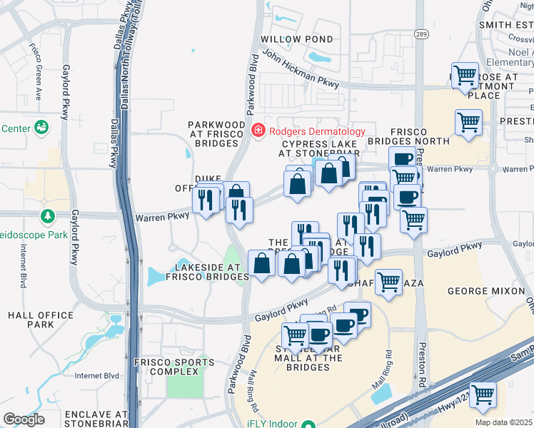 map of restaurants, bars, coffee shops, grocery stores, and more near 3333 Preston Road in Frisco